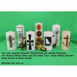 Gedenkkerze in bisquit mit Alpha/Omega braun/gold verziert, Trauerkerze, Trauerkerze personalisiert, Kerze zum Gedenken