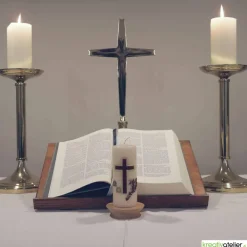 Gedenkkerze in bisquit mit Alpha/Omega braun/gold verziert, Trauerkerze, Trauerkerze personalisiert, Kerze zum Gedenken