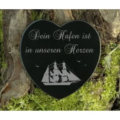 Gedenkstein Herz Segelschiff Hafen maritimer Grabschmuck Gravur auf Marmor Grabdekoration