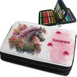 gefüllte Federmappe mit Name | Schulmäppchen mit Pferd rosa