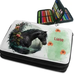 gefüllte Federmappe mit Name | Schulmäppchen mit Pferd grün