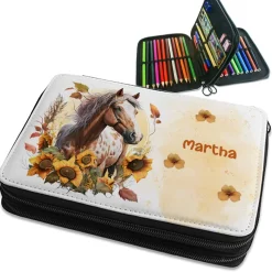 gefüllte Federmappe mit Name | Schulmäppchen mit Pferd gelb