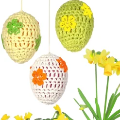 Gehäkelte Ostereier zum Aufhängen – 3er Set in zartgelb, hellgrün & weiß – Osterdeko Handarbeit