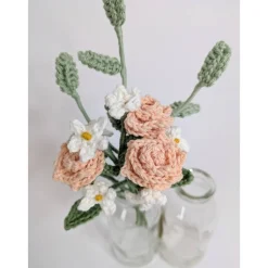 gehäkelter Miniblumenstrauß rosa Rosen | Vintagedekoration | Geschenkidee Hochzeitstag | kleine Aufmerksamkeit