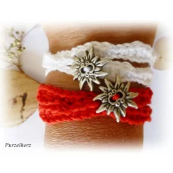 Gehäkeltes Wickelarmband mit Edelweiß - Freundschaftsarmband - rot