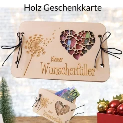 Geld Geschenk Karte aus Holz Herzausschnitt Pusteblumengravur Weihnachten Geldgeschenk Holzkarte Wunscherfüller edel