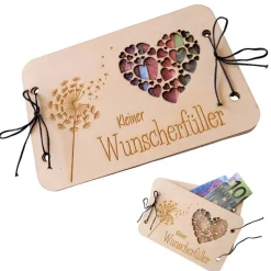 Geld Geschenk Karte aus Holz Herzausschnitt Pusteblumengravur Weihnachten Geldgeschenk Holzkarte Wunscherfüller edel