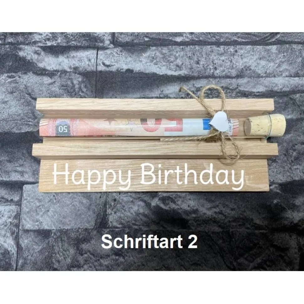 Geldgeschenk • Geburtstag • Reagenzglas • Geschenkverpackung aus Holz • Eiche • Klötzchen
