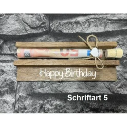 Geldgeschenk • Geburtstag • Reagenzglas • Geschenkverpackung aus Holz • Räuchereiche • Klötzchen