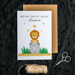 Geldgeschenk | Meine Erste Aktie | Personalisierte Aktie ETF Kryptowährung QrCode Geschenkkarte | Motiv Löwe