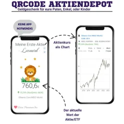 Geldgeschenk | Meine Erste Aktie | Personalisierte Aktie ETF Kryptowährung QrCode Geschenkkarte | Motiv Löwe