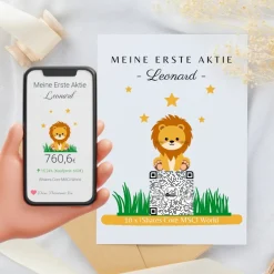 Geldgeschenk | Meine Erste Aktie | Personalisierte Aktie ETF Kryptowährung QrCode Geschenkkarte | Motiv Löwe