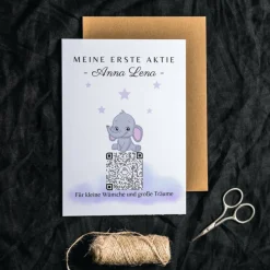 Geldgeschenk | Meine Erste Aktie | Personalisierte Aktie ETF Kryptowährung QrCode Geschenkkarte | Motiv Elefant