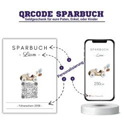 Geldgeschenk | Personalisiertes Sparbuch | QrCode Postkarte DIN A6 inkl. Briefumschlag & Anhänger | Führerschein