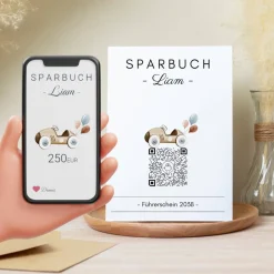 Geldgeschenk | Personalisiertes Sparbuch | QrCode Postkarte DIN A6 inkl. Briefumschlag & Anhänger | Führerschein