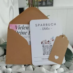 Geldgeschenk | Personalisiertes Sparbuch | QrCode Postkarte DIN A6 inkl. Briefumschlag & Anhänger | Führerschein