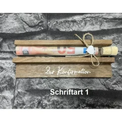 Geldgeschenk • Zur Konfirmation • Reagenzglas • Geschenkverpackung aus Holz • Räuchereiche • Klötzchen