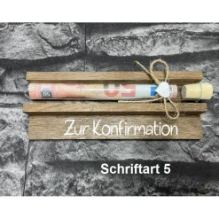Geldgeschenk • Zur Konfirmation • Reagenzglas • Geschenkverpackung aus Holz • Räuchereiche • Klötzchen