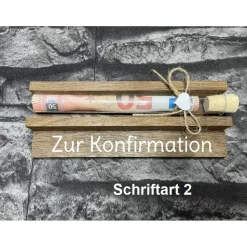 Geldgeschenk • Zur Konfirmation • Reagenzglas • Geschenkverpackung aus Holz • Räuchereiche • Klötzchen