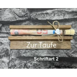 Geldgeschenk • Zur Taufe • Reagenzglas • Geschenkverpackung aus Holz • Räuchereiche • Klötzchen