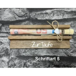 Geldgeschenk • Zur Taufe • Reagenzglas • Geschenkverpackung aus Holz • Räuchereiche • Klötzchen