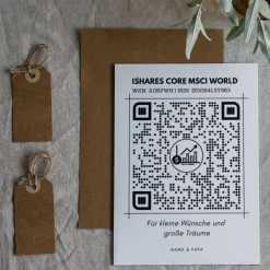 Geldgeschenk Aktie ETF Kryptowährung | Personalisiert | QrCode Postkarte DIN A6 inkl. Briefumschlag und Anhänger