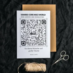 Geldgeschenk Aktie ETF Kryptowährung | Personalisiert | QrCode Postkarte DIN A6 inkl. Briefumschlag und Anhänger