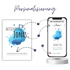 Geldgeschenk Aktie ETF Kryptowährung | Personalisierter NFC & QrCode Bildständer | Farbklecks Blau