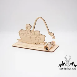 Geldgeschenk Angler mit Boot - aus Holz personalisiert