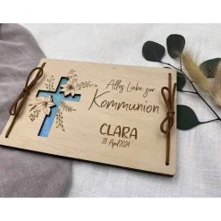 Geldgeschenk aus Holz , personalisiertes Geldgeschenk zur Kommunion, Kommuniongeschenk, Geschenk Taufpaten, Holzkarte