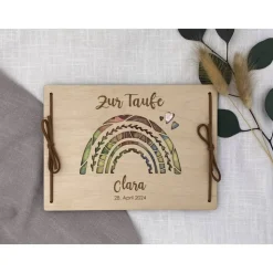 Geldgeschenk aus Holz mit Regenbogen , personalisiertes Geldgeschenk zur Taufe, Taufgeschenk, Geschenk Taufpaten