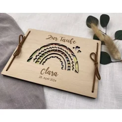 Geldgeschenk aus Holz mit Regenbogen , personalisiertes Geldgeschenk zur Taufe, Taufgeschenk, Geschenk Taufpaten