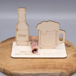Geldgeschenk Bier - aus Holz personalisiert