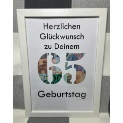 Geldgeschenk Bilderrahmen Geburtstag 65 personalisierbar DIN A4