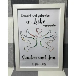 Geldgeschenk Bilderrahmen Hochzeit Taube personalisierbar DIN A4