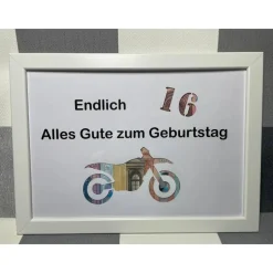 Geldgeschenk Bilderrahmen Geburtstag 16 Motorrad personalisierbar DIN A4