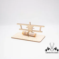 Geldgeschenk Doppeldecker Flugzeug - aus Holz personalisiert