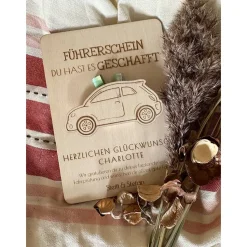 Geldgeschenk "Führerschein bestanden" Glückwunschkarte aus Holz, Geschenkverpackung personalisiert