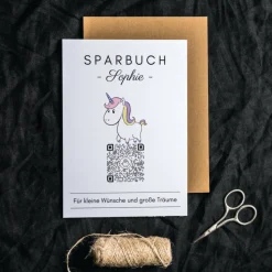 Geldgeschenk für Kinder | Digitales Sparbuch | QrCode Geschenkkarte | Einhorn