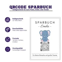 Geldgeschenk für Kinder | Digitales Sparbuch | QrCode Geschenkkarte | Elefant