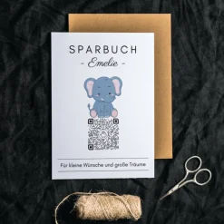 Geldgeschenk für Kinder | Digitales Sparbuch | QrCode Geschenkkarte | Elefant