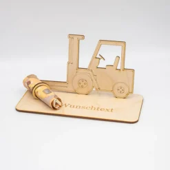 Geldgeschenk Gabelstabler - aus Holz personalisiert