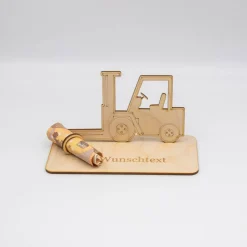Geldgeschenk Gabelstabler - aus Holz personalisiert