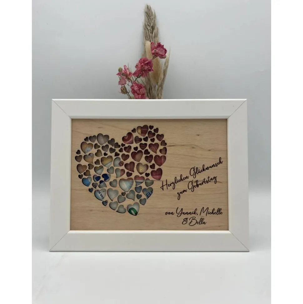 Geldgeschenk Geburtstag Herzmotiv im Bilderrahmen – Geschenkidee personalisiert im Bilderrahmen, Hochzeit & Geburtstagsg