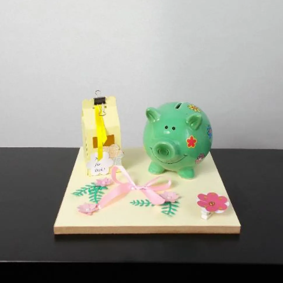 Geldgeschenk Geburtstag mit Sparschwein in gelb grün