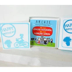 Geldgeschenk Geburtstag, weiß blau mit lustigem Buch, Geburtstagsgeschenk