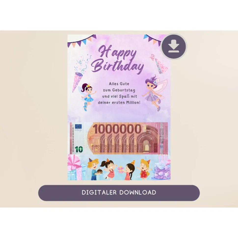 Geldgeschenk Geburtstagskarte "Happy Birthday" Wunscherfüller | Geldgeschenk für Kinder | digitaler Download | P