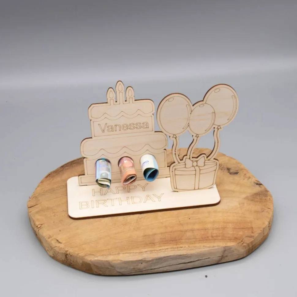 Geldgeschenk Geburtstagstorte - aus Holz personalisiert