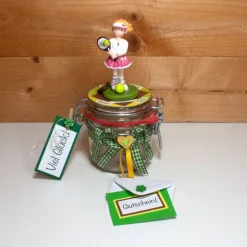 Geldgeschenk Gutschein Tennis Tenniskurs oder Zubehör Geschenkglas personalisierbar für Mädchen