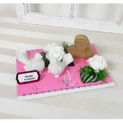 Geldgeschenk Hochzeit, Hochzeitsgeschenk, rosa, mit Tauben und Holzherz